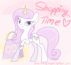 Size: 962x875 | Tagged: safe, artist:inkie-heart, character:fleur-de-lis, species:pony, species:unicorn, abstract background, ask, female, magic, mare, raised hoof, shopping, shopping bags, solo, text, watch