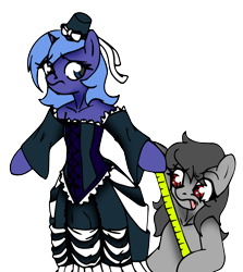 Size: 1062x1188 | Tagged: safe, artist:dankodeadzone, character:princess luna, oc, species:pony, bipedal, clothing, corset, dress, hat, measuring tape, s1 luna, simple background, worried