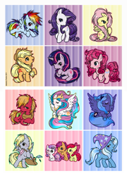 Size: 911x1266 | Tagged: safe, artist:ponymonster, character:apple bloom, character:applejack, character:big mcintosh, character:derpy hooves, character:fluttershy, character:pinkie pie, character:princess celestia, character:princess luna, character:rainbow dash, character:rarity, character:scootaloo, character:sweetie belle, character:trixie, character:twilight sparkle, character:twilight sparkle (unicorn), species:alicorn, species:earth pony, species:pegasus, species:pony, species:unicorn, g4, blank flank, cutie mark crusaders, female, filly, hoof shoes, male, mane six, mare, postcard, s1 luna, simple background, stallion, white background
