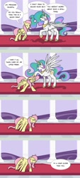 Size: 800x1773 | Tagged: safe, artist:crowneprince, character:fluttershy, character:princess celestia, comic, condescending, dialogue, i'm a year older than you, implied immortality, old, speech bubble, spread wings, wings