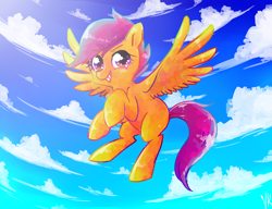 Size: 1300x1000 | Tagged: dead source, safe, artist:dotoriii, character:scootaloo, species:pegasus, species:pony, blank flank, cloud, female, filly, flying, foal, hooves, scootaloo can fly, sky, smiling, solo, spread wings, teeth, wings