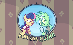 Size: 1179x720 | Tagged: safe, artist:scrimpeh, character:bon bon, character:lyra heartstrings, character:sweetie drops, species:pony, bipedal, bon bon is not amused, clothing, magnifying glass, text
