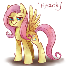 Size: 900x900 | Tagged: safe, artist:dotoriii, character:fluttershy, species:pegasus, species:pony, female, looking at you, mare, name, smug, solo, spread wings, standing, three quarter view, wings