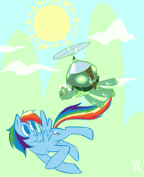 Size: 1300x1600 | Tagged: safe, artist:dotoriii, character:rainbow dash, character:tank, duo, flying, mountain, pet, sun
