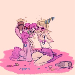 Size: 900x891 | Tagged: safe, artist:emmy, character:pinkie pie, species:human, bow, cider, clothing, crossover, hat, homestuck, necklace, party hat, party horn, roxy lalonde