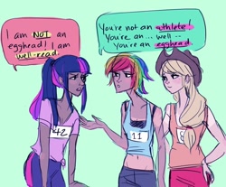 Size: 890x737 | Tagged: safe, artist:emmy, character:applejack, character:rainbow dash, character:twilight sparkle, episode:fall weather friends, g4, my little pony: friendship is magic, belly button, clothing, dialogue, humanized, midriff, running, scene interpretation, tank top