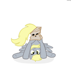 Size: 600x600 | Tagged: safe, artist:hudoyjnik, character:derpy hooves, species:pegasus, species:pony, female, looking between legs, mare, paper bag, simple background, solo, wardrobe misuse