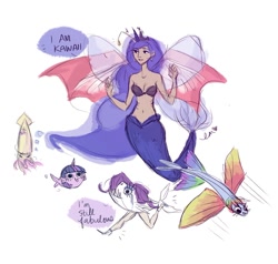 Size: 900x855 | Tagged: safe, artist:emmy, character:fluttershy, character:princess luna, character:rainbow dash, character:rarity, character:twilight sparkle, belly button, bra, cleavage, cute, female, fish, humanized, mermaid, mermaidized, midriff, seashell, seashell bra, species swap, squid, wat, wings