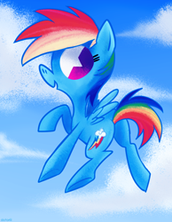 Size: 700x900 | Tagged: dead source, safe, artist:dotoriii, character:rainbow dash, species:pegasus, species:pony, cloud, female, flying, open mouth, sky, smiling, solo, spread wings, wings