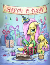 Size: 2000x2560 | Tagged: safe, artist:ruffu, character:fluttershy, cake, clothing, cupcake, happy birthday, hat, party hat, present