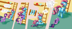 Size: 1600x658 | Tagged: safe, artist:noctulov, character:cup cake, character:twilight sparkle, species:earth pony, species:pony, species:unicorn, butt crush, cartoon physics, climbing, comic, crushed, facesitting, female, flattened, ladder, mare, ouch, plot