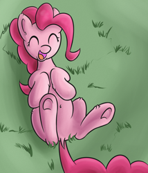 Size: 3000x3500 | Tagged: safe, artist:erockertorres, character:pinkie pie, species:earth pony, species:pony, belly button, cute, diapinkes, dock, ear fluff, eyes closed, female, grass, leg fluff, mare, on back, open mouth, smiling, solo