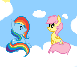 Size: 1277x1121 | Tagged: dead source, safe, artist:fribox, character:fluttershy, character:rainbow dash, species:pegasus, species:pony, alternate hairstyle, duo, duo female, eyes closed, female, mare