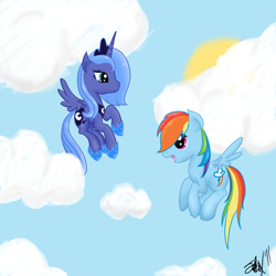 Size: 2000x2000 | Tagged: dead source, safe, artist:fribox, character:princess luna, character:rainbow dash, species:alicorn, species:pegasus, species:pony, cloud, cloudy, duo, duo female, female, flying, high res, open mouth, s1 luna
