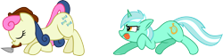 Size: 8654x2188 | Tagged: safe, artist:deadparrot22, artist:mickeymonster, character:bon bon, character:lyra heartstrings, character:sweetie drops, species:earth pony, species:pony, species:unicorn, clothing, duo, hat, simple background, sneaking, sneaky, tongue out, transparent background, trowel