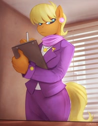 Size: 921x1183 | Tagged: safe, artist:scappo, character:ms. harshwhinny, species:anthro, species:earth pony, species:pony, clipboard, clothing, cougar, ear piercing, female, looking at you, piercing, solo
