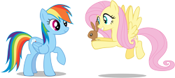 Size: 8192x3673 | Tagged: safe, artist:mewtwo-ex, character:fluttershy, character:rainbow dash, species:pegasus, species:pony, species:rabbit, episode:may the best pet win, g4, my little pony: friendship is magic, animal, duo, female, flying, mare, raised hoof, simple background, transparent background, vector