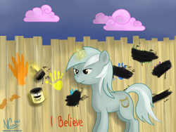 Size: 1600x1200 | Tagged: safe, artist:cwossie, character:lyra heartstrings, species:pony, species:unicorn, cloud, discorded, female, fence, humie, magic, paint, paintbrush, solo, telekinesis