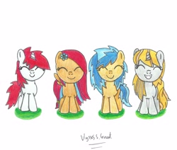 Size: 5015x4250 | Tagged: safe, artist:ulyssesgrant, oc, oc only, oc:blueberry blitz, oc:ion, oc:joanie, oc:mendheart, species:pegasus, species:pony, species:unicorn, absurd resolution, filly, grin, happy, smiling, traditional art