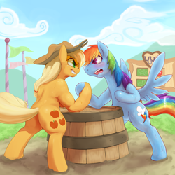 Size: 3000x3000 | Tagged: safe, artist:masak9, artist:rigi, character:applejack, character:rainbow dash, species:earth pony, species:pegasus, species:pony, episode:fall weather friends, g4, my little pony: friendship is magic, angry, arm wrestling, blushing, clothing, cloud, female, hat, high res, hoofwrestle, iron pony, looking at each other, mare, open mouth, pixiv, plot, scene interpretation, sky, sweat