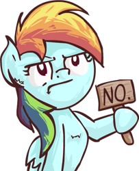 Size: 427x526 | Tagged: safe, artist:scrimpeh, character:rainbow dash, species:pegasus, species:pony, :t, chest fluff, ear fluff, female, frown, glare, hoof hold, mare, no, reaction image, sign, simple background, solo, transparent background, unamused