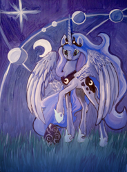 Size: 2398x3264 | Tagged: safe, artist:dalagar, character:princess luna, species:alicorn, species:pony, female, mare, painting, raised hoof, solo, traditional art