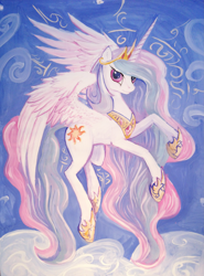 Size: 2409x3256 | Tagged: safe, artist:dalagar, character:princess celestia, species:alicorn, species:pony, species:unicorn, cloud, cloudy, female, flying, looking at you, mare, painting, smiling, solo, spread wings, traditional art, wings