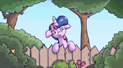 Size: 1354x750 | Tagged: safe, artist:scrimpeh, character:twilight sparkle, species:pony, bust, female, fence, flower, looking at you, mare, smiling, solo, tree