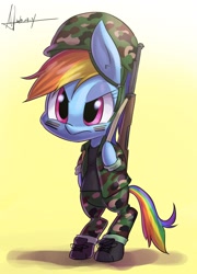 Size: 2344x3264 | Tagged: safe, artist:jggjqm522, character:rainbow dash, species:earth pony, species:pony, bipedal, boots, camouflage, clothing, female, gun, helmet, mare, military, military uniform, race swap, rifle, shoes, signature, simple background, soldier, solo, standing, wingless