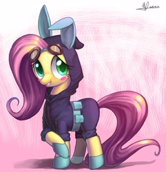 Size: 3525x3664 | Tagged: safe, artist:jggjqm522, character:fluttershy, species:pegasus, species:pony, blushing, bunny ears, clothing, cute, dangerous mission outfit, female, goggles, hoodie, looking at you, mare, smiling, solo