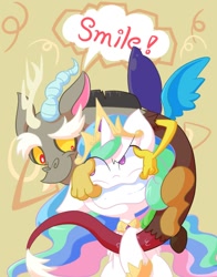 Size: 942x1200 | Tagged: safe, artist:nyankamedon, character:discord, character:princess celestia, species:alicorn, species:draconequus, species:pony, celestia is not amused, discord being discord, pixiv, smiling, this will end in pain, this will end in petrification