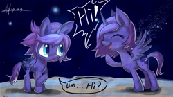Size: 3675x2064 | Tagged: safe, artist:jggjqm522, character:princess luna, species:pony, artemabetes, cute, lunartemis, moon, ponidox, prince artemis, rule 63, rule63betes, self ponidox, shy, woona, younger