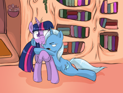 Size: 936x710 | Tagged: safe, artist:crystal-secret, character:trixie, character:twilight sparkle, species:pony, species:unicorn, ship:twixie, book, cropped, eyes closed, female, hug, lesbian, mare, raised leg, shelf, shipping, smiling