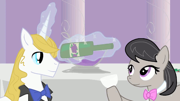 Size: 600x338 | Tagged: safe, artist:crowneprince, character:octavia melody, character:prince blueblood, animated, drink, gentleman, messy, wine