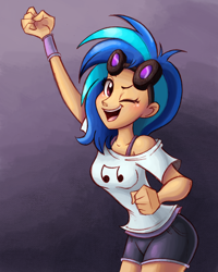 Size: 1200x1500 | Tagged: safe, artist:ric-m, character:dj pon-3, character:vinyl scratch, species:human, bra strap, clothing, cute, female, humanized, off shoulder, one eye closed, shorts, solo, vinylbetes, wink