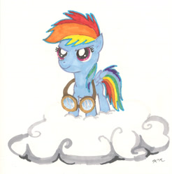 Size: 1582x1608 | Tagged: safe, artist:catscratchpaper, character:rainbow dash, cloud, filly, goggles, traditional art