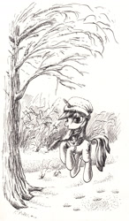 Size: 1768x3018 | Tagged: source needed, safe, artist:mcstalins, character:twilight sparkle, species:pony, species:unicorn, clothing, cute, female, happy, hat, looking at you, mare, monochrome, open mouth, pronking, scarf, smiling, snow, traditional art, tree, winter