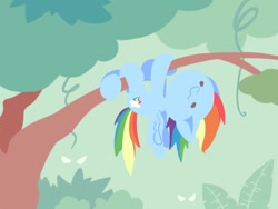 Size: 800x600 | Tagged: safe, artist:nyankamedon, character:rainbow dash, chibi, female, solo, suspended, tree