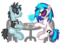 Size: 6000x4800 | Tagged: safe, artist:inkrose98, character:dj pon-3, character:neon lights, character:rising star, character:vinyl scratch, absurd resolution, background pony, clothing, date, earbuds, female, glasses, male, shipping, shirt, straight, table, vinylights
