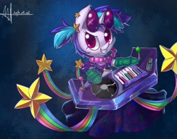 Size: 2760x2175 | Tagged: safe, artist:jggjqm522, character:dj pon-3, character:vinyl scratch, jewelry, keyboard, league of legends, musical instrument, necklace, parody, pearl necklace, piano, sona, stars, turntable
