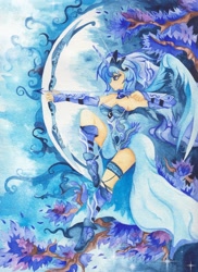 Size: 2125x2917 | Tagged: safe, artist:artist-apprentice587, character:princess luna, archer, arrow, bow (weapon), bow and arrow, female, horned humanization, humanized, moon, solo, traditional art, warrior luna, watercolor painting, weapon, winged humanization