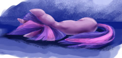 Size: 1248x592 | Tagged: safe, artist:ruffu, character:twilight sparkle, character:twilight sparkle (unicorn), species:pony, species:unicorn, facing away, female, lying down, mare, on side, sad, solo