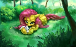 Size: 2075x1281 | Tagged: safe, artist:ruffu, character:angel bunny, character:fluttershy, forest