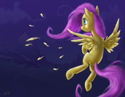 Size: 1584x1224 | Tagged: safe, artist:ruffu, character:fluttershy, species:pegasus, species:pony, feather, female, flying, looking away, mare, missing cutie mark, mountain, night, solo, spread wings, three quarter view, windswept mane, wings
