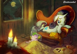 Size: 1518x1062 | Tagged: safe, artist:electrixocket, character:rarity, character:spike, species:dragon, species:pony, species:unicorn, ship:sparity, candle, fainting couch, female, floppy ears, glow, interior, interspecies, male, mare, moon, night, photoshop, prone, shipping, sleeping, straight, window