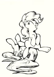 Size: 1711x2433 | Tagged: safe, artist:mcstalins, character:fluttershy, character:pinkie pie, facesitting, flutterseat, monochrome