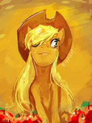 Size: 1172x1563 | Tagged: safe, artist:electrixocket, character:applejack, species:earth pony, species:pony, g4, abstract background, female, mare, photoshop, smiling, solo