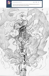 Size: 870x1335 | Tagged: safe, artist:negativefade, character:fluttershy, character:princess celestia, character:princess luna, character:smooze, character:star swirl the bearded, friendship is witchcraft, cult leader fluttershy, metal goddess luna, monochrome