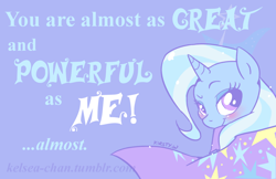 Size: 1280x828 | Tagged: dead source, safe, artist:kelsea-chan, character:trixie, blushing, smiling, valentine, valentine's day