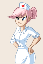 Size: 642x961 | Tagged: dead source, safe, artist:ric-m, character:nurse redheart, species:human, blue eyes, cute, female, hand on hip, humanized, nurse, nurse outfit, pink hair, solo, tan background